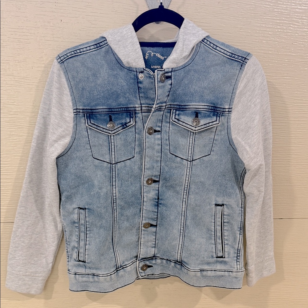 Denim and Gray Hooded Jacket